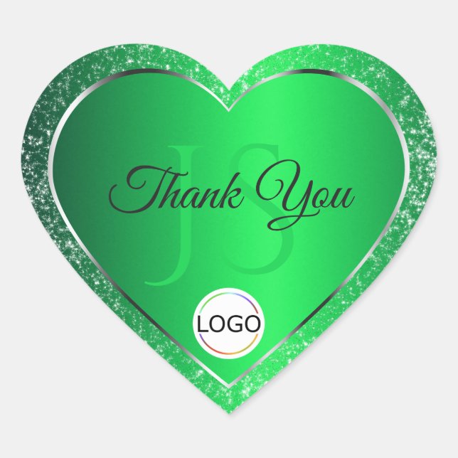 Emerald Green with Logo Initials Glitter Thank You Heart Sticker (Front)