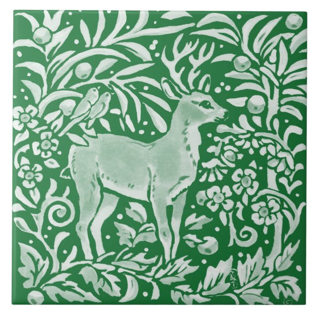 Emerald Green Woodland Deer Birds Intricate Floral Tile (Front)