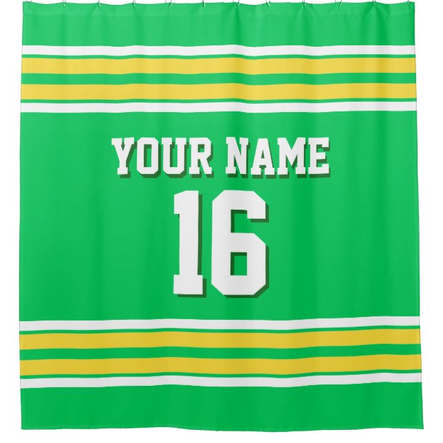 Emerald Green Yellow White Stripes Sports Jersey Shower Curtain (Front)