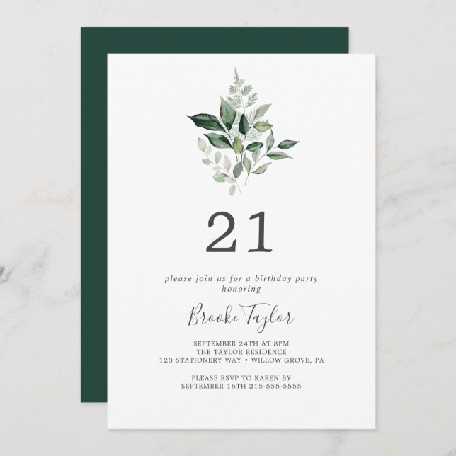 Emerald Greenery 21st Birthday Party Invitation (Front/Back)