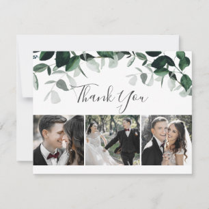 Emerald Greenery 3 Photo Flat Thank You Card