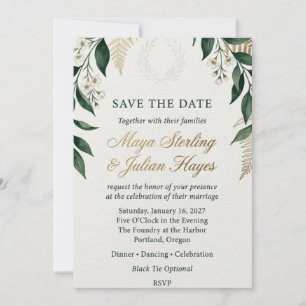 Emerald Greenery and Gold Fern Watercolor Wedding Invitation