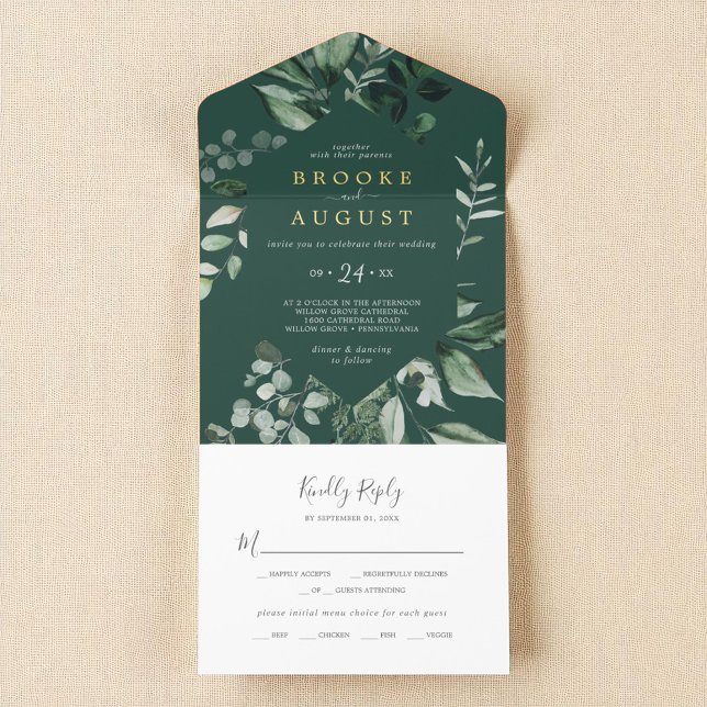 Emerald Greenery Dark Green Leaf Gold Foil Wedding All In One Invitation (Emerald Greenery Dark Green Leaf Gold Foil Wedding All In One Invitation)