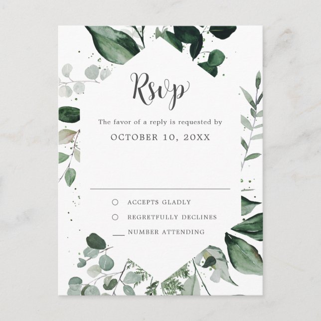 Emerald Greenery Eucalyptus Botanical Wedding RSVP Postcard (Front)