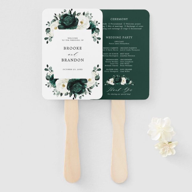 Emerald Greenery Eucalyptus Floral Wedding Program Hand Fan (Front and Back)