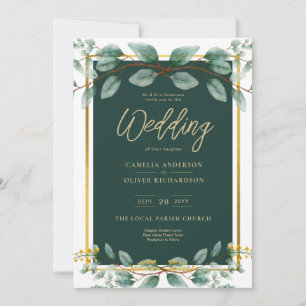 Emerald Greenery Eucalyptus Gold Floral White Invitation