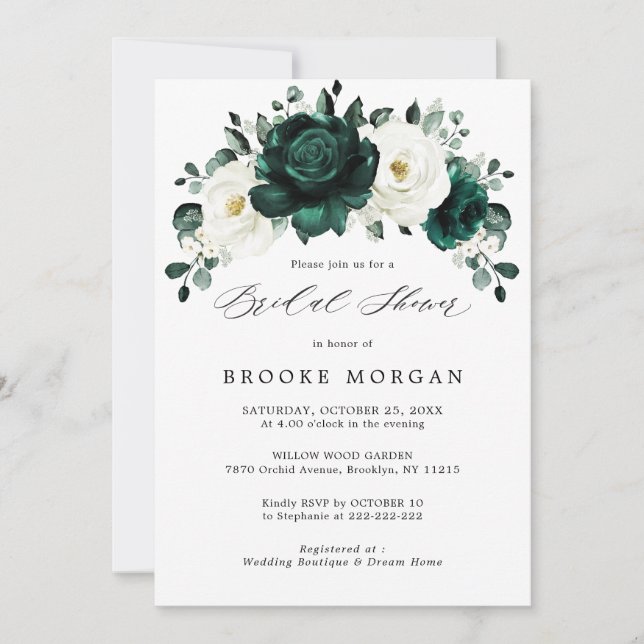 Emerald Greenery Eucalyptus White Bridal Shower Invitation (Front)