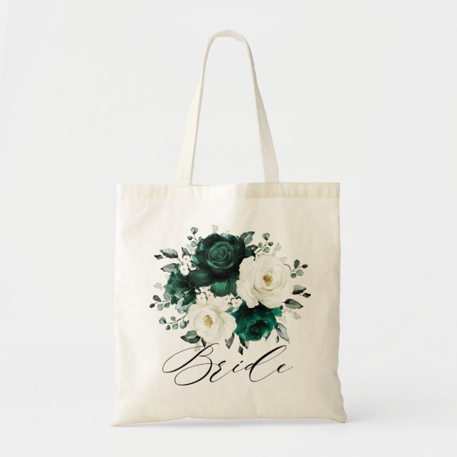 Emerald Greenery Eucalyptus White Floral Wedding Tote Bag (Front)