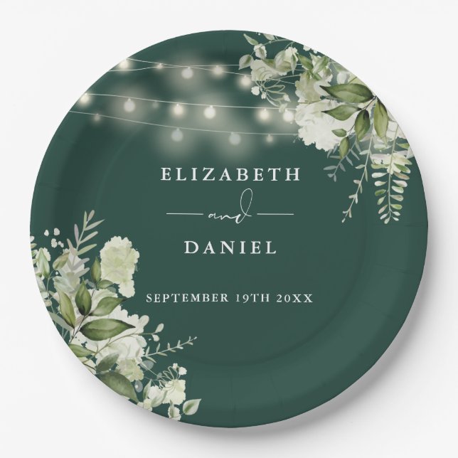 Emerald Greenery Floral String Lights Wedding Paper Plate (Front)