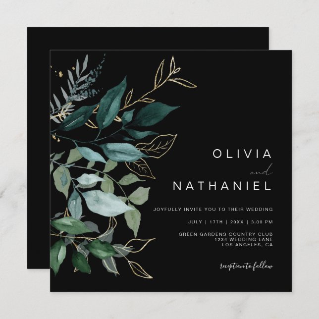 Emerald Greenery Gold Leaf Foliage Dark Wedding Invitation (Front/Back)