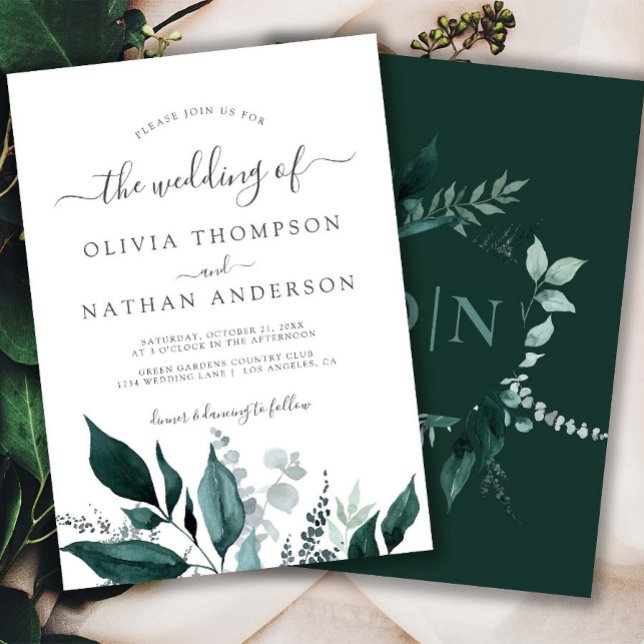 Emerald Greenery Green Garden Monogram Wedding  Invitation (Emerald Greenery Wedding Invitation Woodland Marriage Green Leaves Foliage Botanical Rustic)