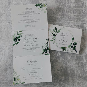 Emerald Greenery   Grey Photo Wedding All In One Tri-Fold Invitation
