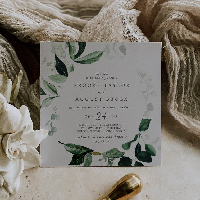 Emerald Greenery | Grey Square Wedding Invitation (Creator Uploaded)