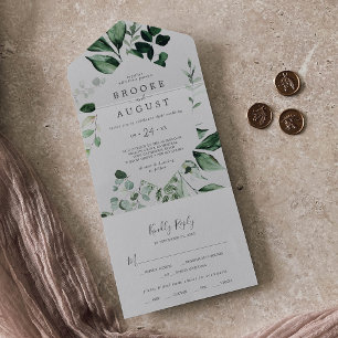 Emerald Greenery   Grey Wedding All In One Invitation