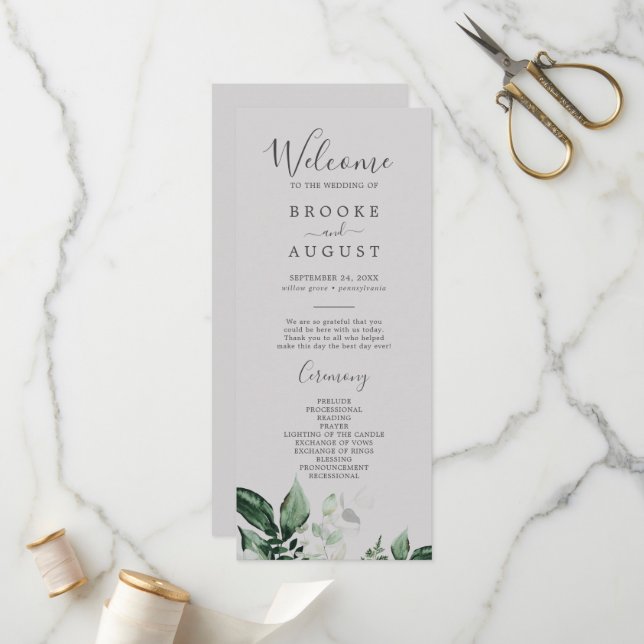 Emerald Greenery | Grey Wedding Program Programme (Front/Back In Situ)