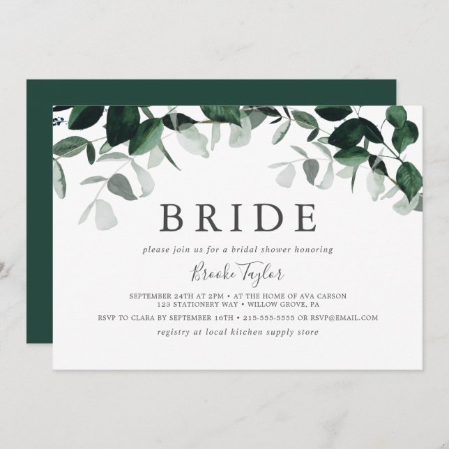 Emerald Greenery Horizontal Bride Bridal Shower Invitation (Front/Back)