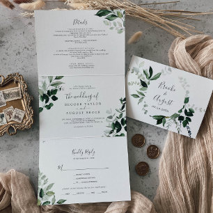 Emerald Greenery Leaf Back Wedding All In One Tri-Fold Invitation