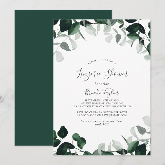 Emerald Greenery Lingerie Shower Invitation (Front/Back)