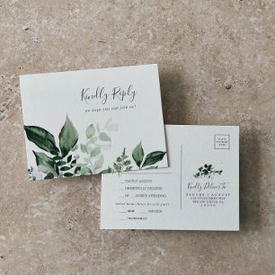 Emerald Greenery Menu Choice Wedding RSVP Postcard