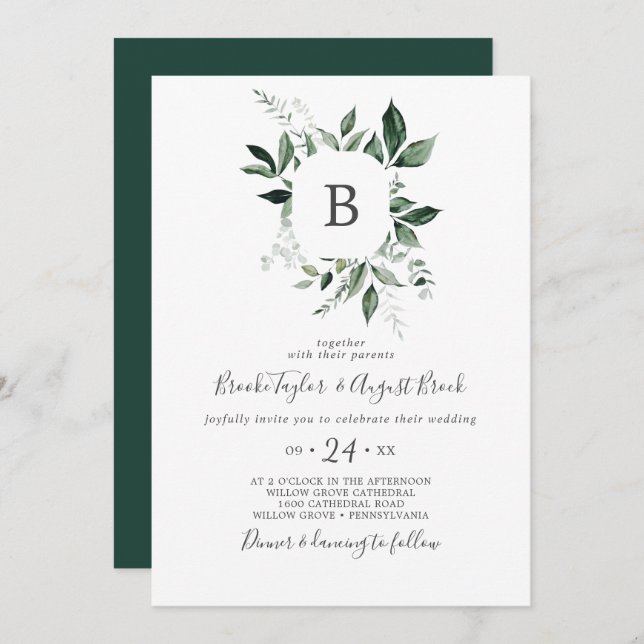 Emerald Greenery Monogram Wedding Invitation (Front/Back)