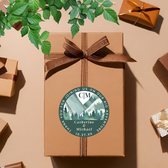 Emerald Greenery Mountain Adventure Wedding Classic Round Sticker (Creator Uploaded)