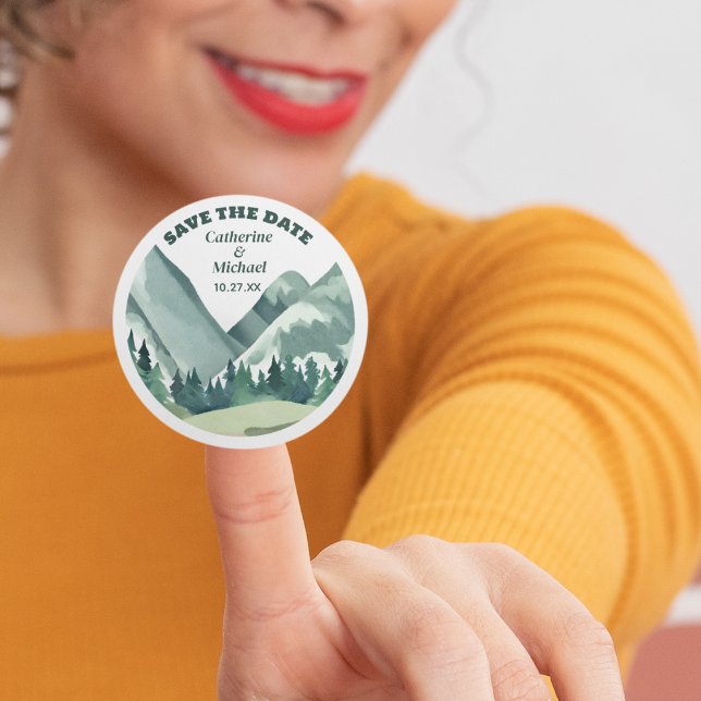 Emerald Greenery Mountain Pine Rustic Wedding Classic Round Sticker (Creator Uploaded)