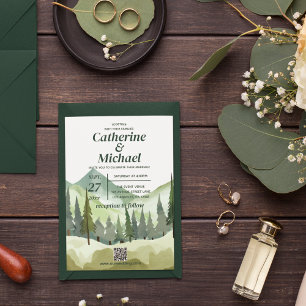 Emerald Greenery Mountain Rustic QR Code Wedding Invitation