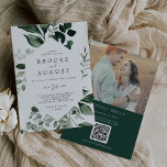 Emerald Greenery Photo QR Code Back Wedding Invitation<br><div class="desc">This emerald greenery photo QR code back wedding invitation is perfect for a boho wedding. The elegant yet rustic design features moody dark green watercolor leaves and eucalyptus with a modern bohemian woodland feel. Personalise your invitation with an engagement photo on the back. Include a QR code for your guests...</div>