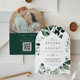 Emerald Greenery Photo QR Code Boho Arch Wedding Invitation