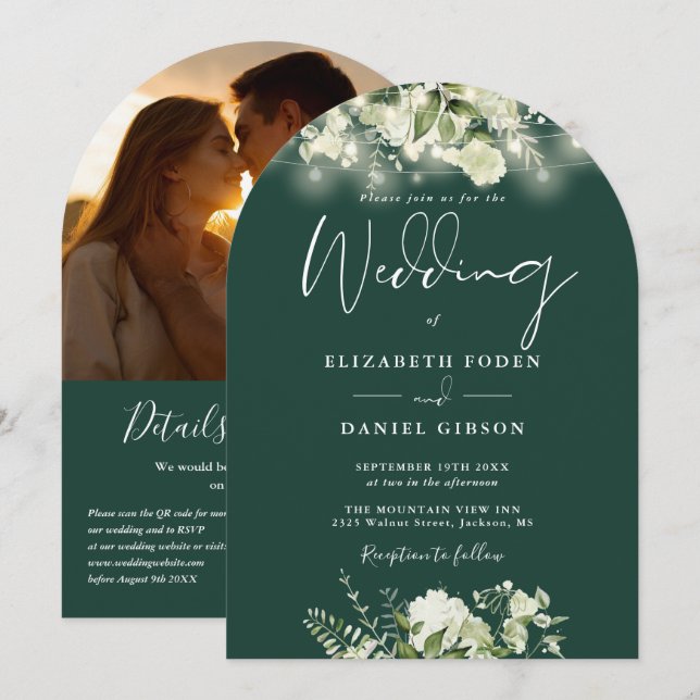 Emerald Greenery QR Code Photo Arch Wedding Invitation (Front/Back)