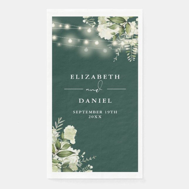 Emerald Greenery String Lights Wedding Napkin (Front)