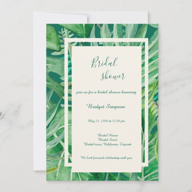 emerald greenery tropical wedding bridal shower  invitation (Front)