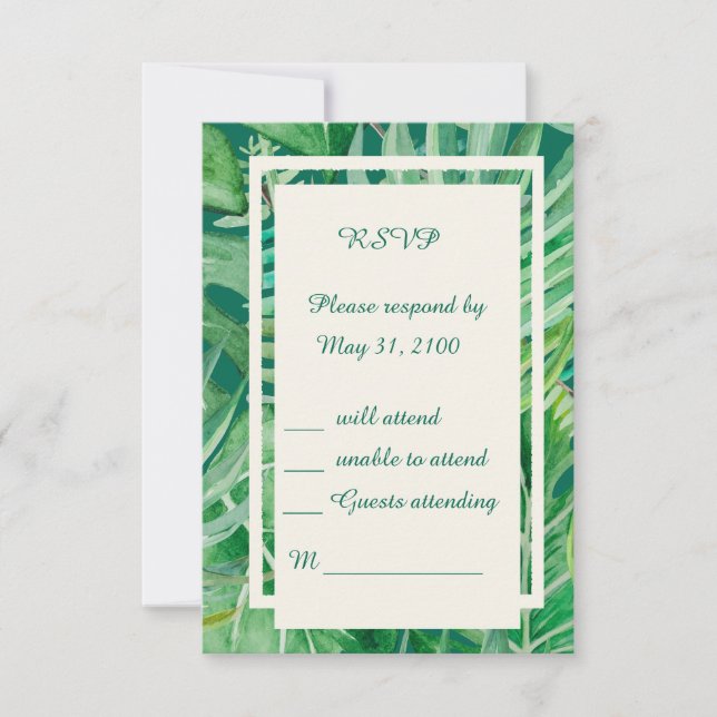 emerald greenery tropical wedding  RSVP card (Front)