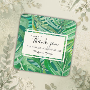 emerald greenery tropical wedding thank you square sticker