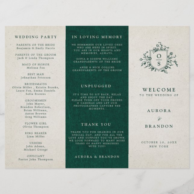 Emerald Greenery Vintage Botanical Wedding Program (Front)