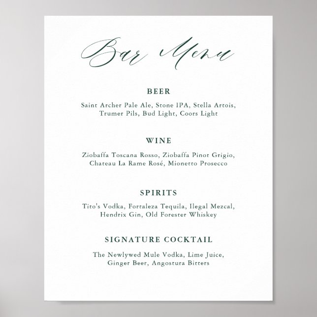 Emerald Greenery Vintage Wedding Bar Menu Poster (Front)