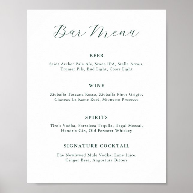 Emerald Greenery Vintage Wedding Bar Menu Poster (Front)