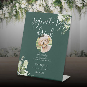 Emerald Greenery Wedding Pet Signature Drink Pedestal Sign