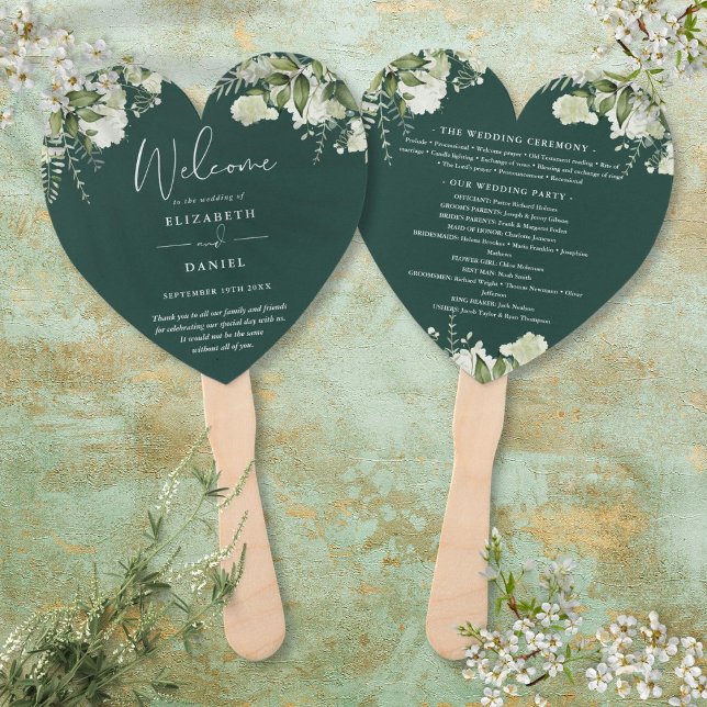 Emerald Greenery Wedding Program Heart Hand Fan (Emerald Greenery Wedding Program Heart Hand Fan)
