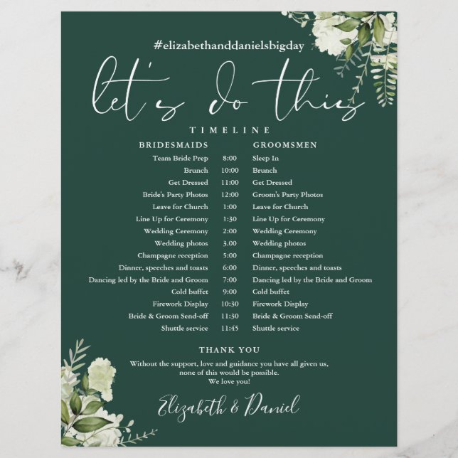 Emerald Greenery Wedding Schedule Timeline (Front)