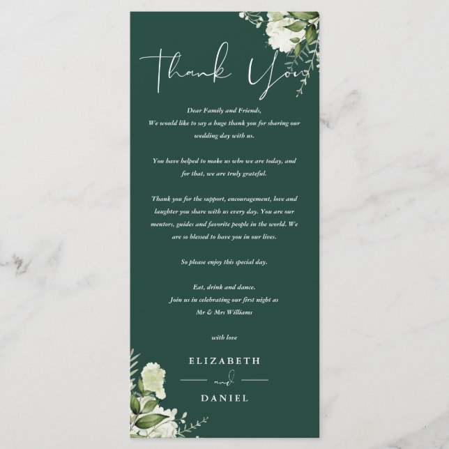 Emerald Greenery Wedding Thank You Place Card (Front)