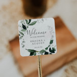 Emerald Greenery Wedding Welcome Square Sticker<br><div class="desc">These emerald greenery wedding welcome stickers are perfect for a boho wedding. The elegant yet rustic design features moody dark green watercolor leaves and eucalyptus with a modern bohemian woodland feel. Personalise these stickers with the location of your wedding, names, and wedding date. These labels are perfect for destination weddings...</div>