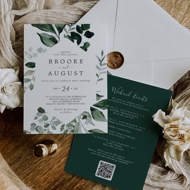 Emerald Greenery Weekend Events QR Code Wedding Invitation (Creator Uploaded)