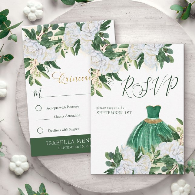 Emerald Greenery White Peony Quinceanera Princess  RSVP Card (Quinceanera Princess RSVP response card from my Emerald Greenery and White Peony Collection)