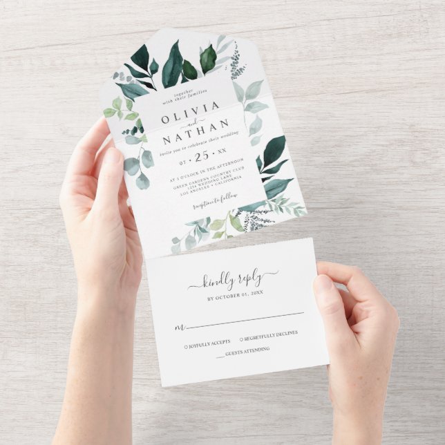 Emerald Greenery Woodland Leaf Wedding All In One Invitation (Tearaway)