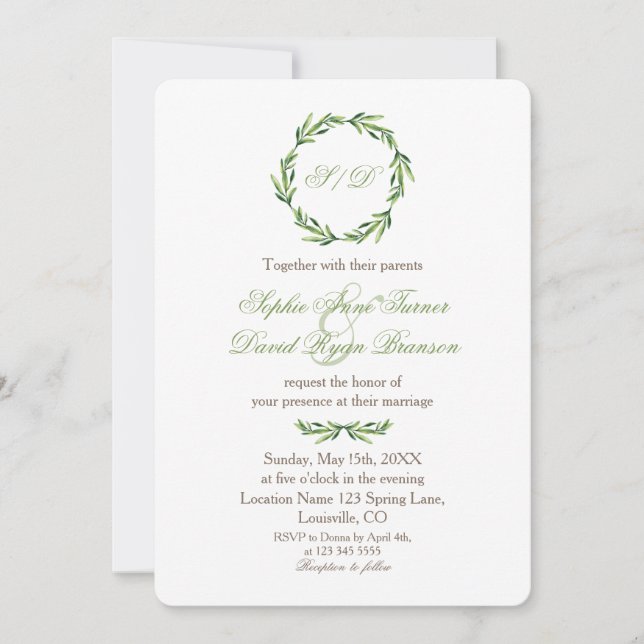 Emerald Greenery Wreath Monogram Wedding Invitation (Front)