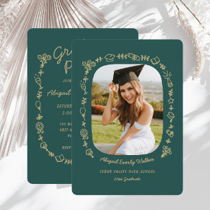Emerald Hand Drawn Doodles Photo Grad Invitation