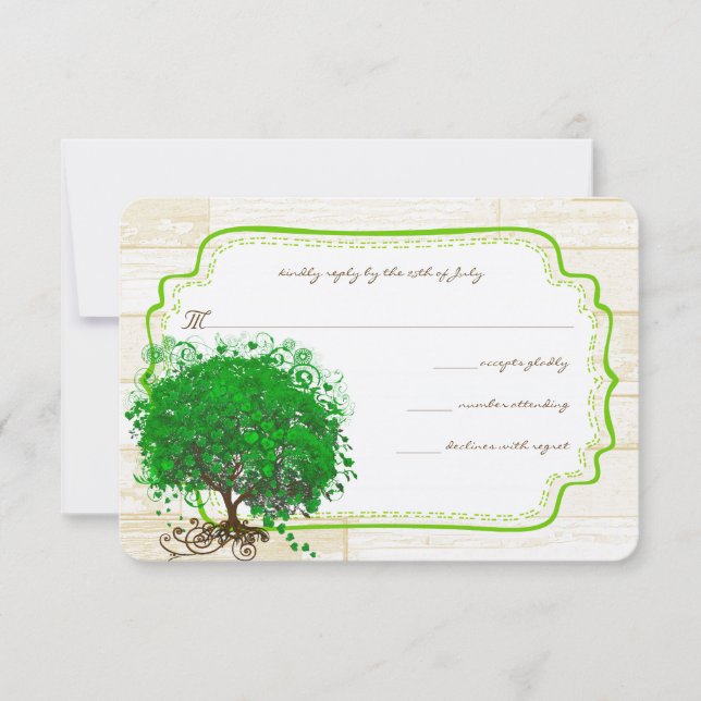 Emerald Heart Leaf Tree Barn Wood Wedding RSVP (Front)