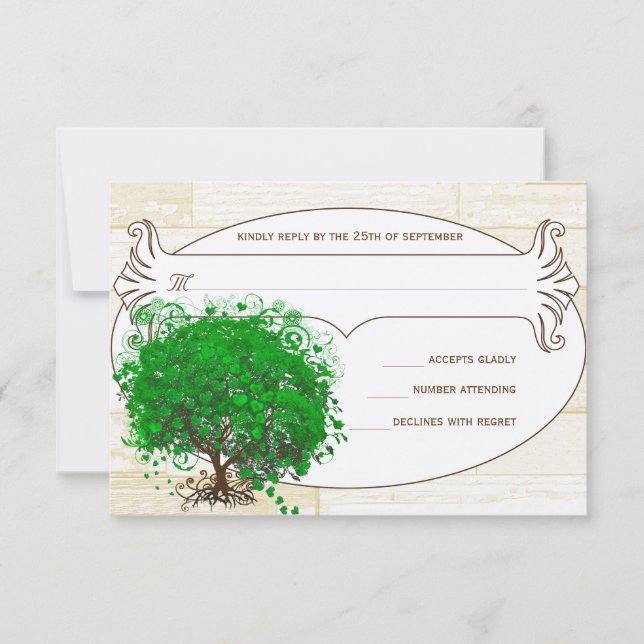 Emerald Heart Leaf Tree Barn Wood Wedding RSVP Card (Front)