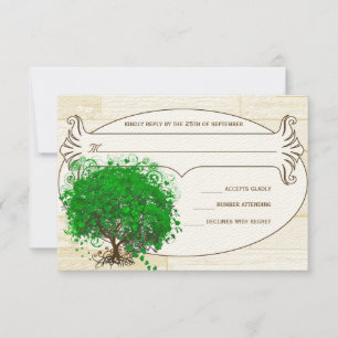 Emerald Heart Leaf Tree Barn Wood Wedding RSVP Card